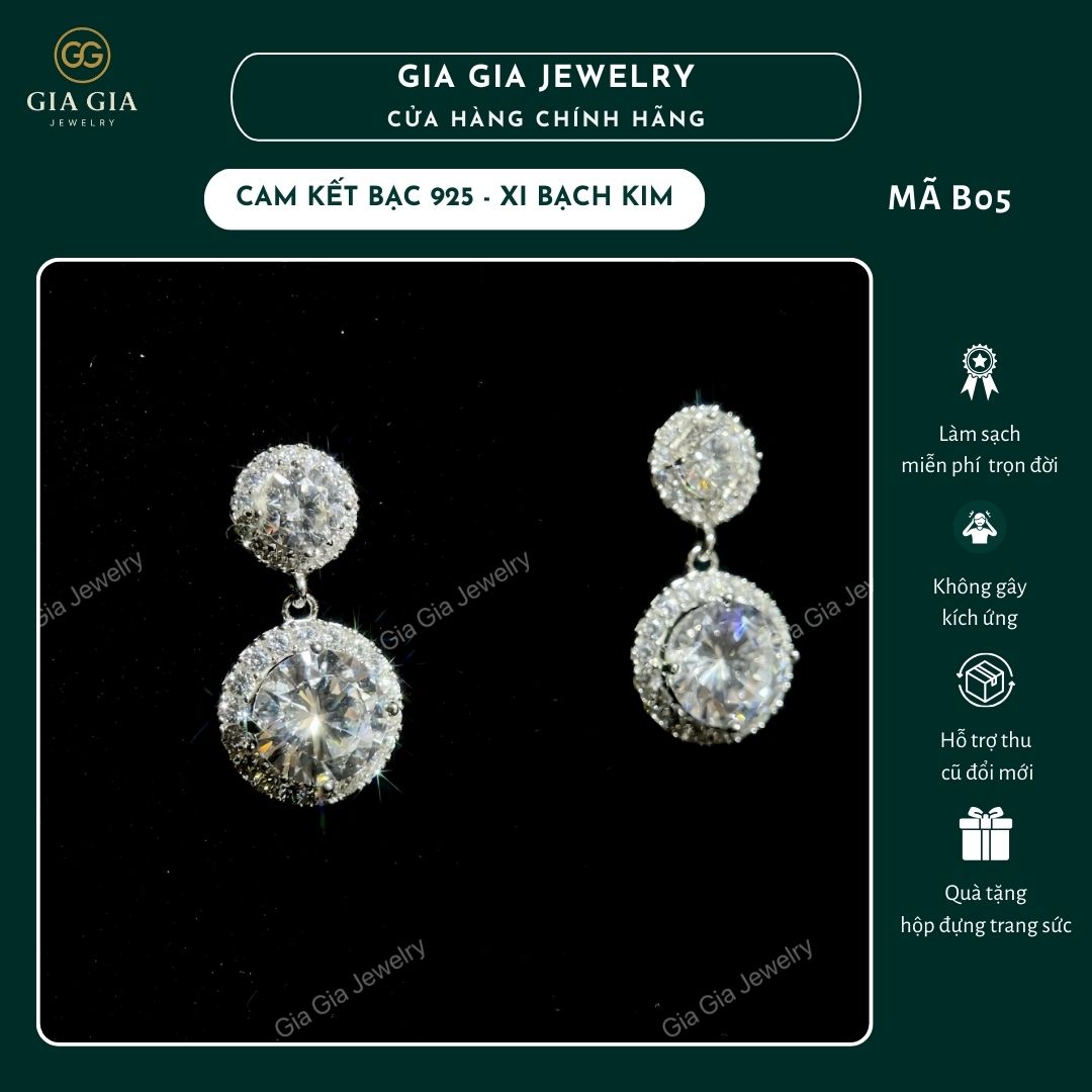 Bông Tai Bông Halo Tòn Ten B05 Cho Nữ Chất Liệu Bạc 925 Xi Bạc Kim 2 Lớp B05